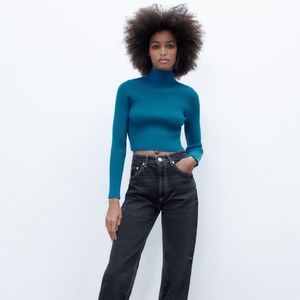ZARA MOCK NECK CROPPED KNIT SWEATER BLUE